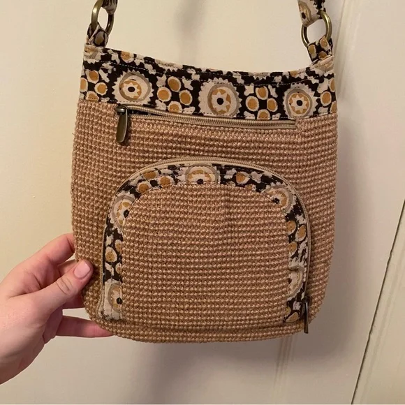GreenJute “Hipster” Crossbody Bag - beige navy - zipper - Picture 1 of 12